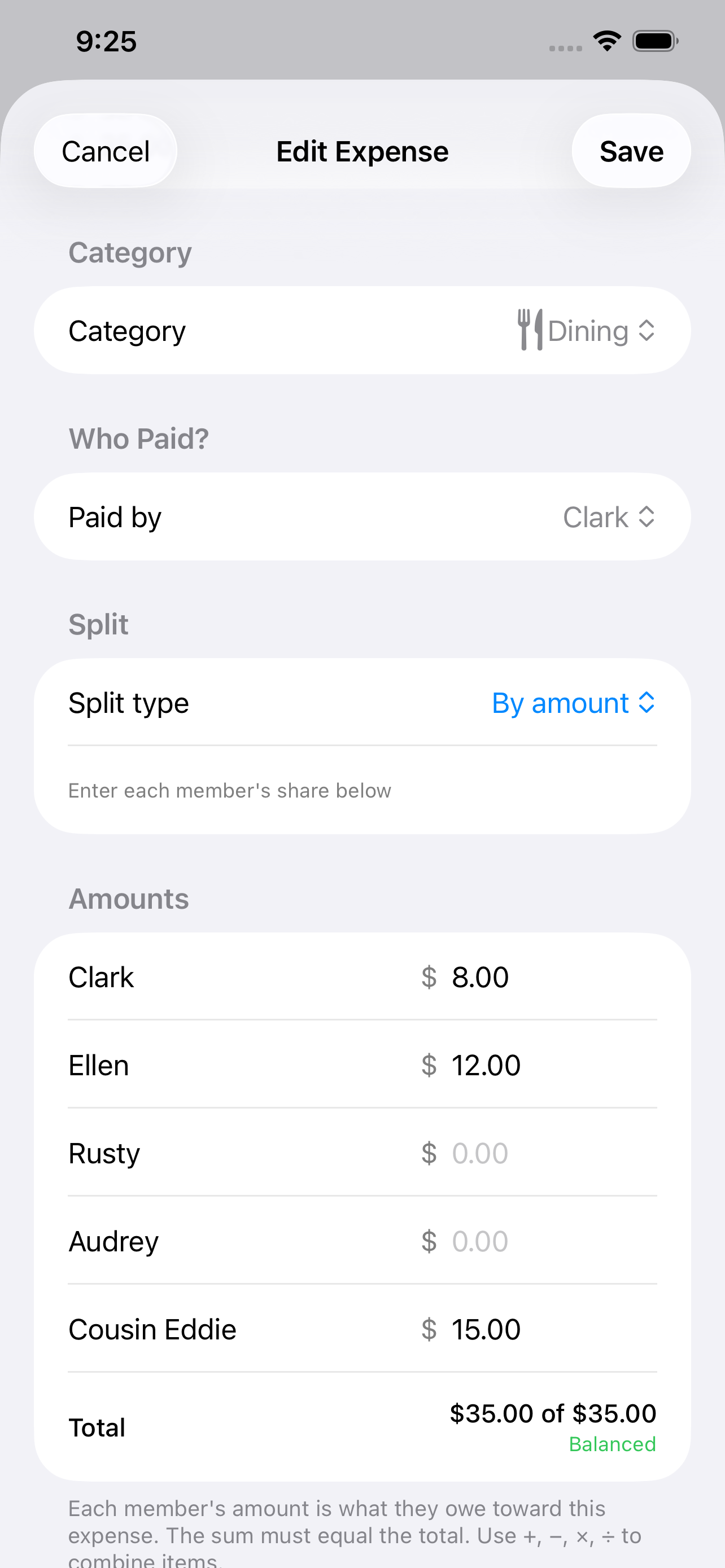 Split by exact per-member amounts